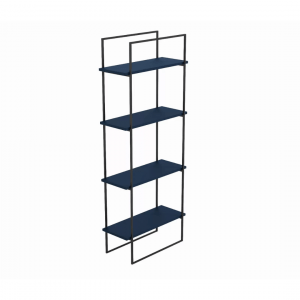 Metal bookcase with four dark blue shelves made of wood