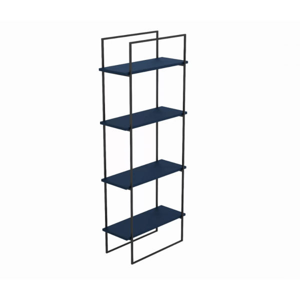Metal bookcase with four dark blue shelves made of wood