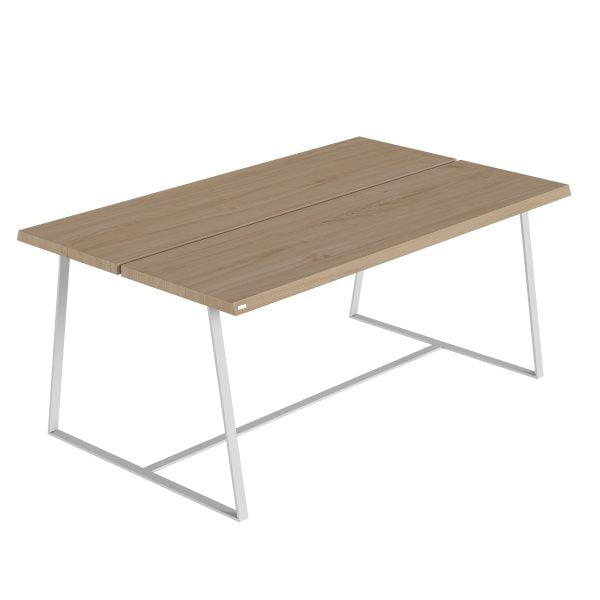 Nowoczesny stół z białą metalową podstawą i drewnianym blatem