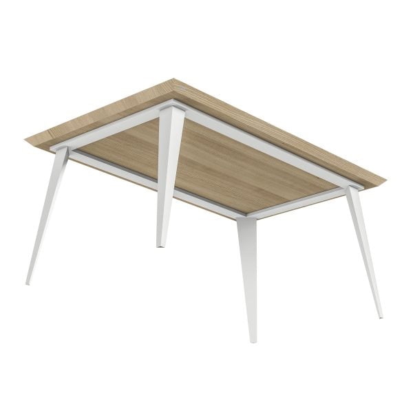 A solid, modern table with a wooden top and metal legs