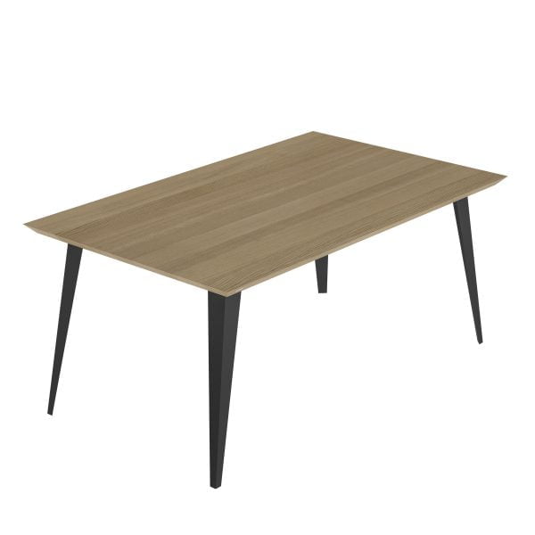 A modern table with a wooden top and metal legs with a triangle cross-section