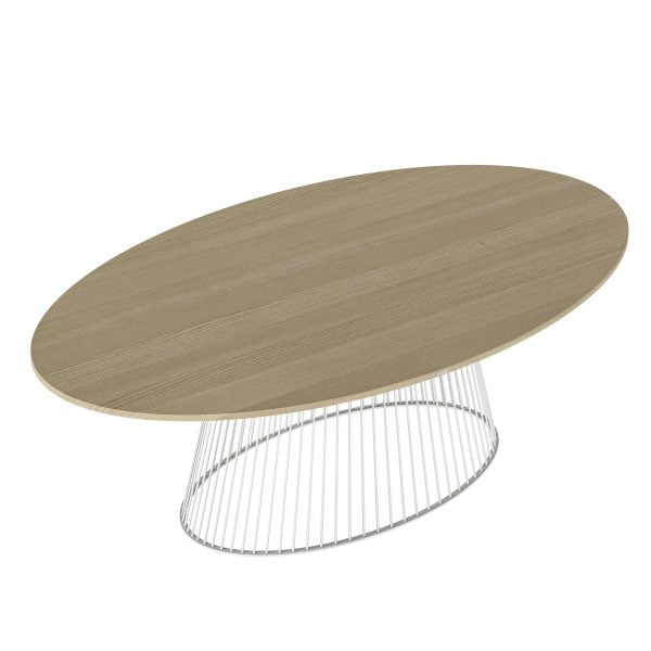 Nowoczesny stół o wyjątkowym kształcie z bukowym blatem i metalową podstawą w kolorze białym