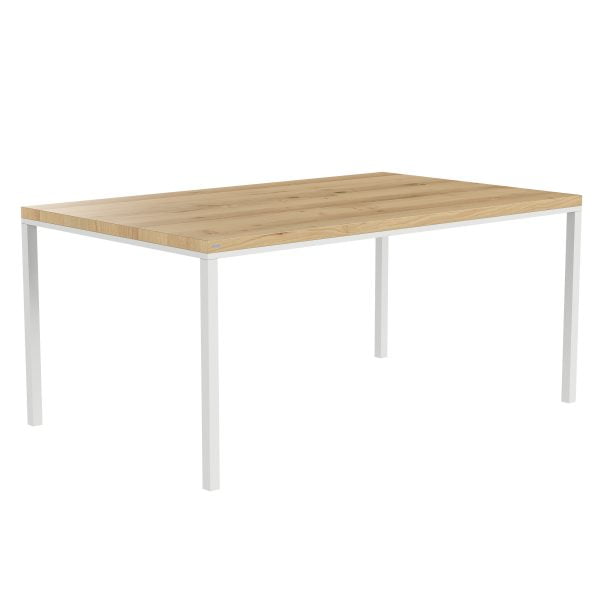 Elegancki stół z blatem wykonanym z drewna i metalowymi nogami w kolorze białym
