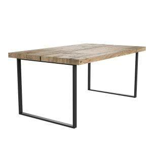 loftowy drewniany stół na prostokątnych podstawach wykonanych z metalu