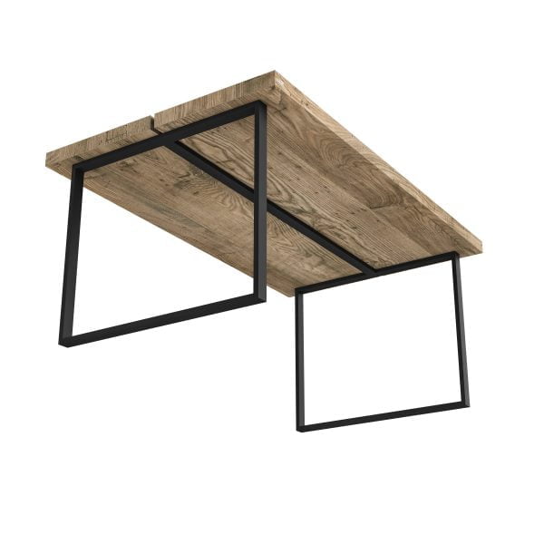 solidny drewniany stół do jadalni na metalowych geometrycznych podstawie